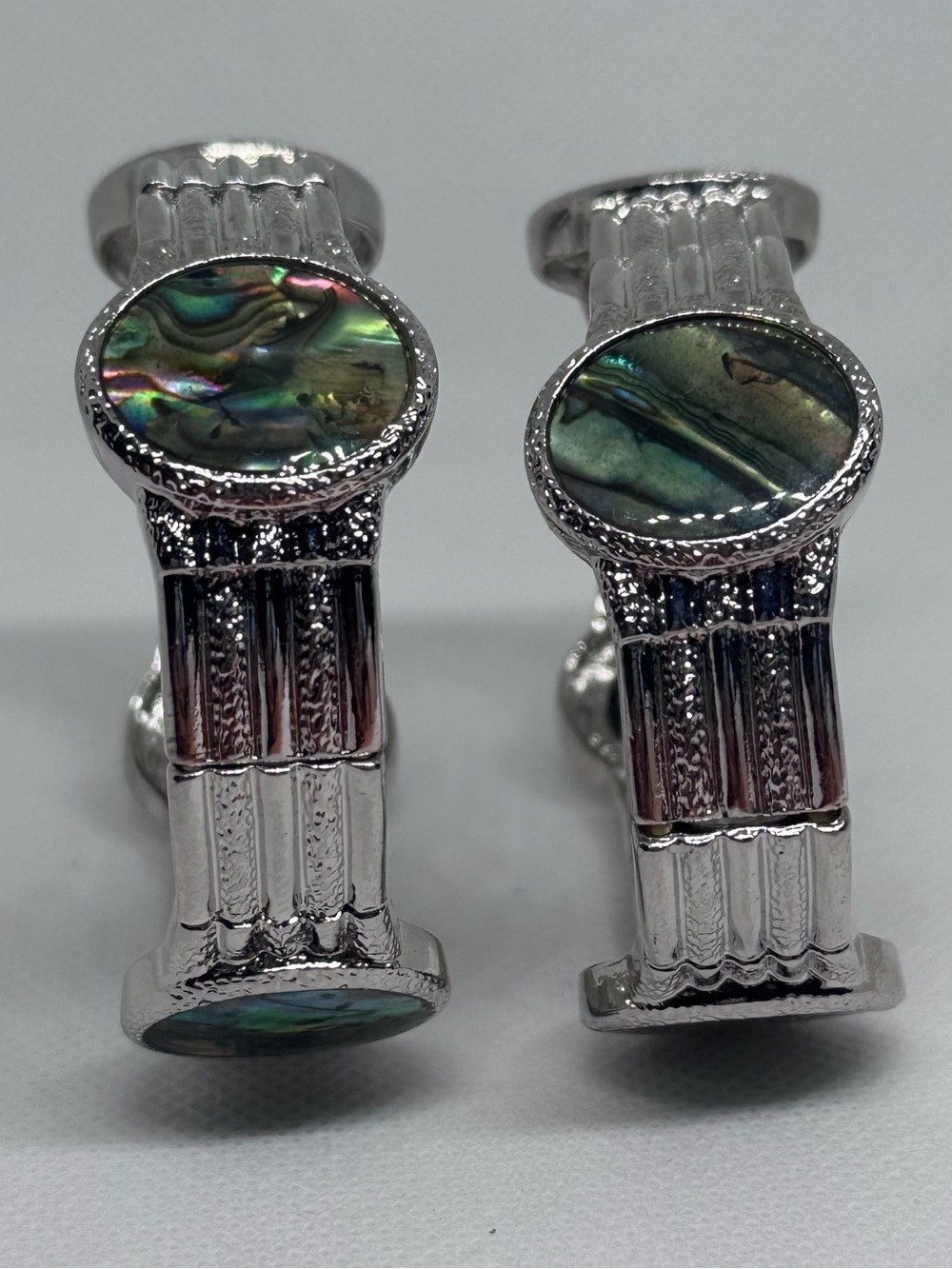 Pair set of 2 vintage silver tone stretch bracelets with abalone shell inlay